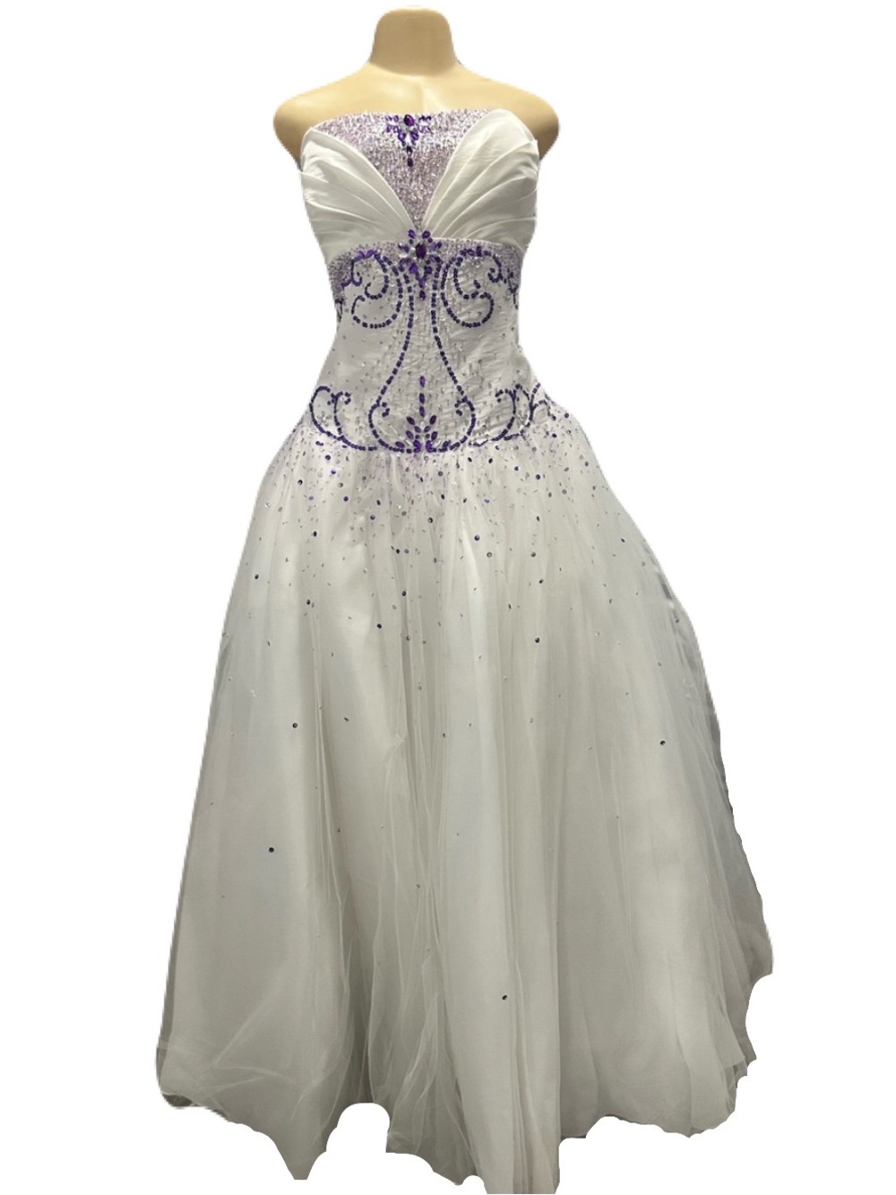 NWT Mary's Bridal White Strapless Ball Gown with Purple Crystal Detail - Picture 3 of 3